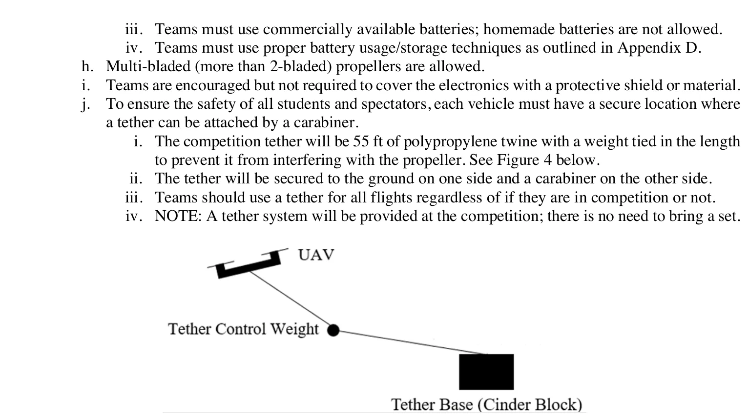 Figure 4 Drone Tether Setup. iii. Teams must use commercially available batteries; homemade batteries are not allowed. iv. Teams must use proper battery usage/storage techniques as outlined in Appendix D. h. Multi-bladed (more than 2-bladed) propellers are allowed. i. Teams are encouraged but not required to cover the electronics with a protective shield or material. j. To ensure the safety of all students and spectators, each vehicle must have a secure location where a tether can be attached by a carabiner. i. The competition tether will be 55 ft of polypropylene twine with a weight tied in the length to prevent it from interfering with the propeller. See Figure 4 below. ii. The tether will be secured to the ground on one side and a carabiner on the other side. iii. Teams should use a tether for all flights regardless of if they are in competition or not. iv. NOTE: A tether system will be provided at the competition; there is no need to bring a set.