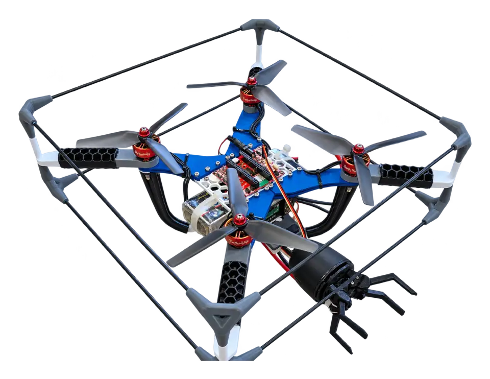 The AirXRP drone: a blue X-frame quadcopter with four red motors and grey propellers, a red XRP controller board on top, a carbon-rod safety cage with grey corner brackets, and a black four-finger claw.